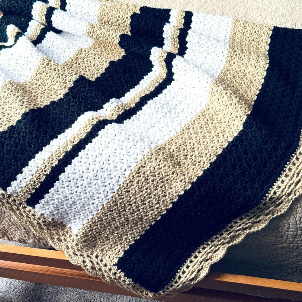 Crochet Afghan Blanket Handmade New Stripe Tan Black White Throw 52x44 Cozy Gift